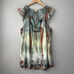 One World Top Size Petite XL Embroidered Boho Tie Dye Fairy Grunge Hippie Gypsy